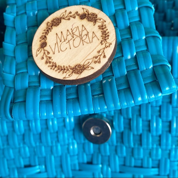 NWT Maria Victoria Elva Turquoise Blue Woven PVC Handbag Tote Mexico - Picture 4 of 15